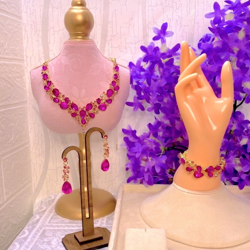 🌷 Whimsical 3 Pc Gold Fuchsia Pink Rhinestone Jewelry Set 🌷 w/ Velvet Gift Box
